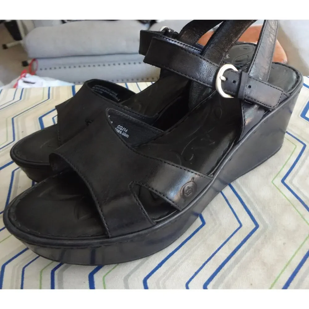Born Du Jour Black Leather Wedge Sandals Ankle Strap Slingback Comfort Womens 9